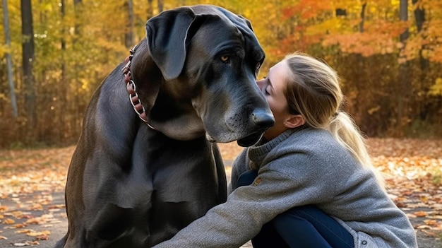 A woman kissing a giant dog.