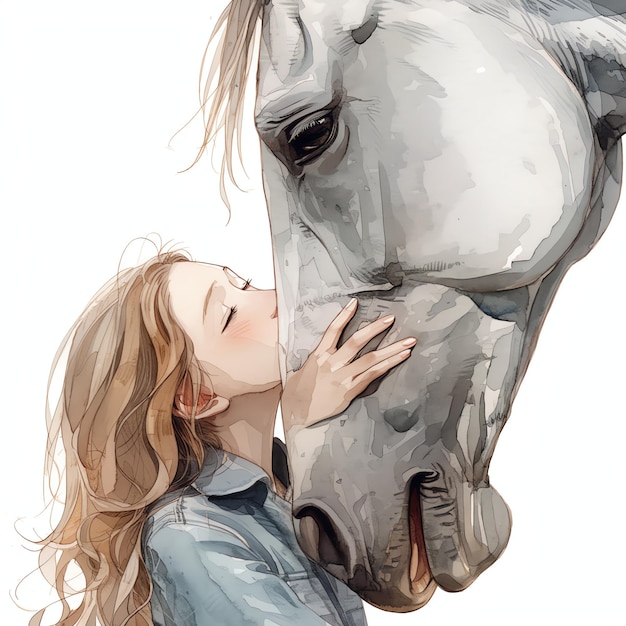 woman kissing horses face watercolor cozy