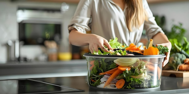 Woman at kitchen counter with compost bin filled with various food scraps Concept Food Waste Composting Sustainable Living Kitchen Waste Management EcoFriendly Practices