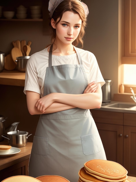 A woman in a kitchen wearing an apron with a flower on it