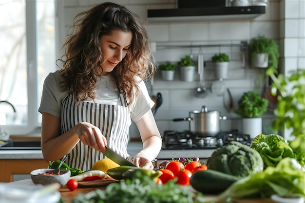 Woman in Kitchen with Fresh Vegetables