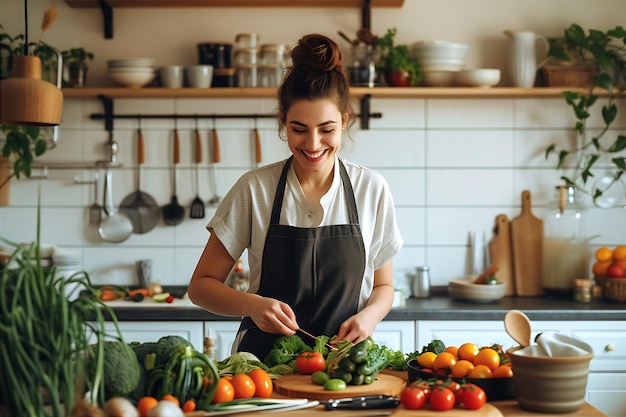 Woman in Kitchen with Fresh Vegetables