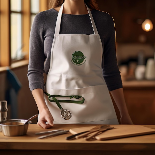 Photo a woman in a kitchen with a green spoon on her right hand