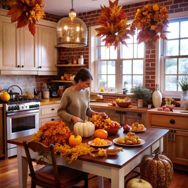 a woman in a kitchen with a table full of pumpkins and flowers