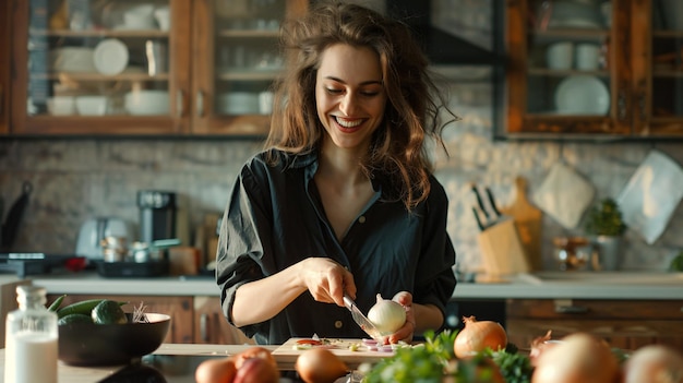 a woman in a kitchen with vegetables and a smile on her face