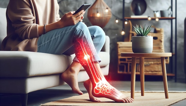 Photo a woman in a knee brace is sitting on a couch and using a cell phone