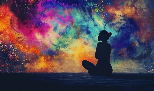 Photo a woman kneeling in front of a colorful background with the words  the word  on it