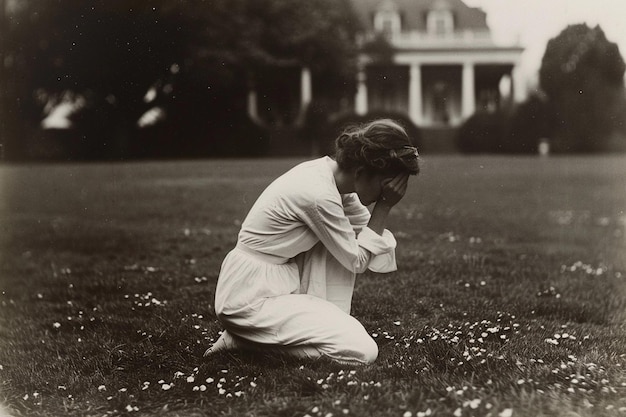 Photo a woman kneeling on the grass with a book in her hand