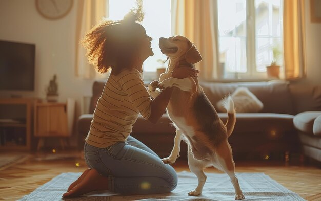 Photo woman kneeling on rug plays with beagle dog in living room