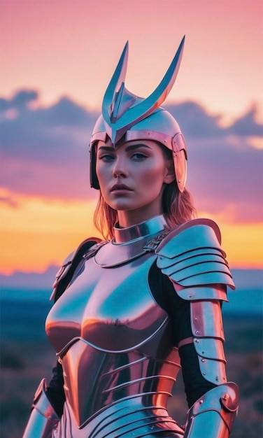 a woman in a knight costume stands in front of a sunset