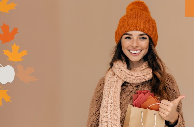 Photo woman in knit hat and scarf holding shopping bag