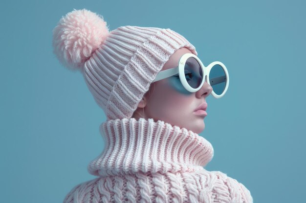 woman in knitted hat and white sunglasses is standing with her back pastel fashion clothing