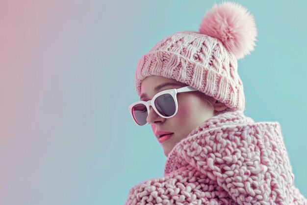 woman in knitted hat and white sunglasses is standing with her back pastel fashion clothing