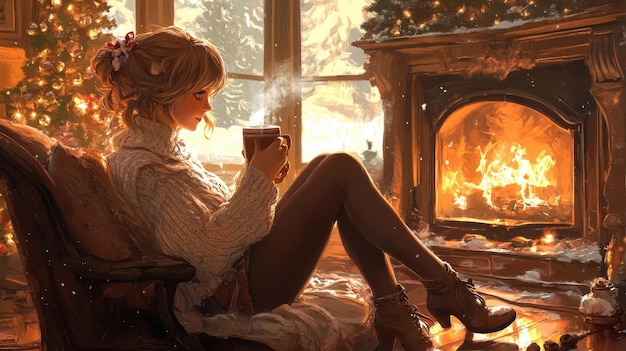 Photo woman in knitted sweater enjoys warm beverage by fireplace