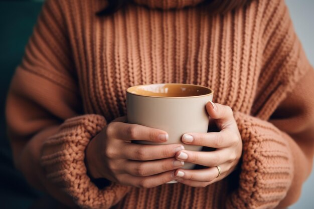 Photo a woman in a knitted sweater holds a cup with both hands in front of her cold season concept