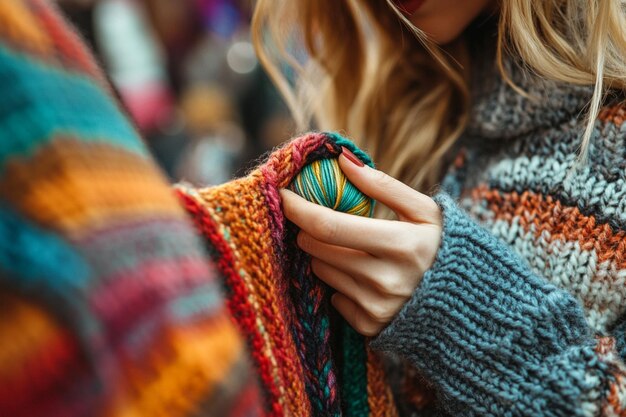 Photo woman knitting a ball of yarn