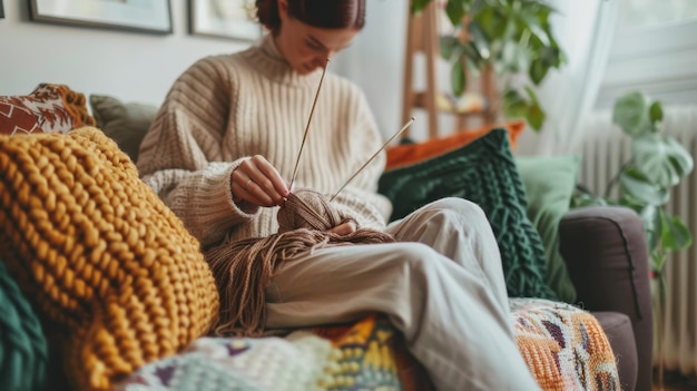 Photo the woman knitting at home