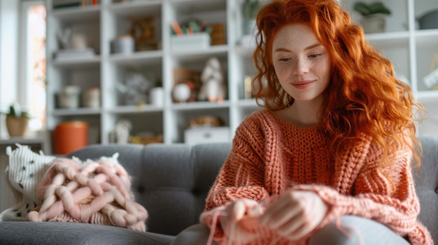 Photo the woman knitting on sofa