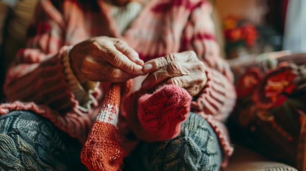 Photo a woman knitting a sweater with the word love on it