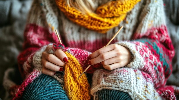 Photo woman knitting with bright wool yarn and needles