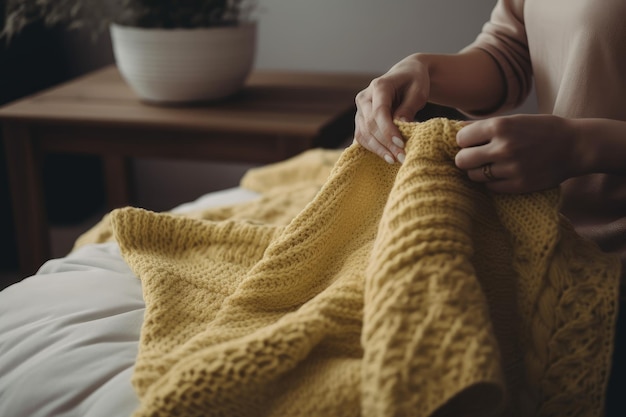 Woman knittng cozy blanket for a newborn baby created with generative ai