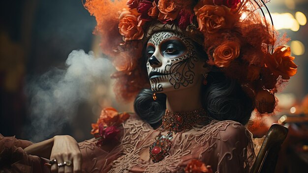 Woman in La Calavera Catrina Costume with Smoking Skull