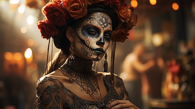 Woman in La Calavera Catrina Costume with Smoking Skull