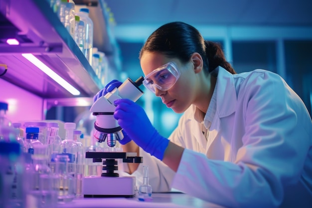 Woman in Lab Coat Examining Microscope