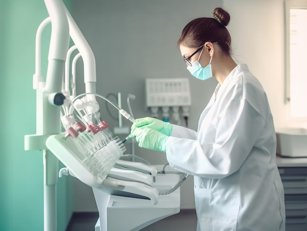 A woman in a lab coat and gloves works with a machine that says'dental'on it.