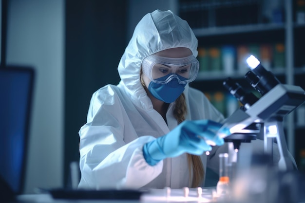 A woman in a lab coat and gloves works with a microscope.