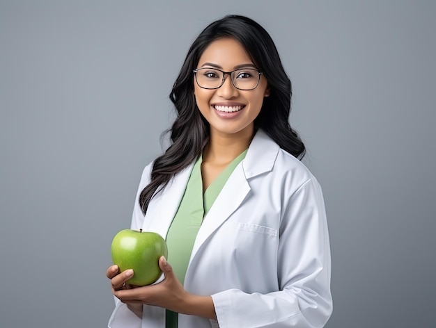 a woman in a lab coat holding an apple and smiling