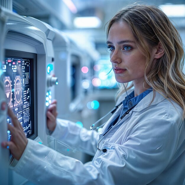 a woman in a lab coat is holding a machine that says  medical