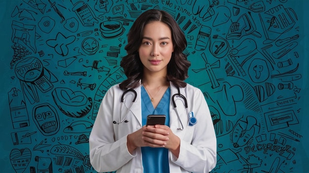 a woman in a lab coat is holding a phone