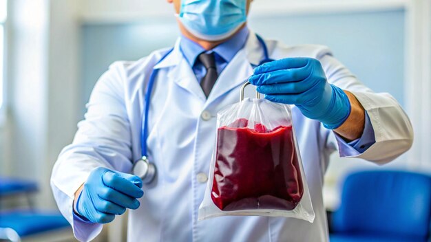 a woman in a lab coat is holding a red substance in a plastic bag