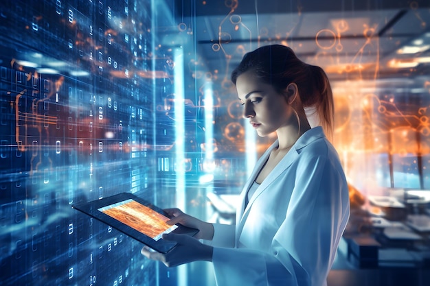 A woman in a lab coat is holding a tablet in front of a computer screen.