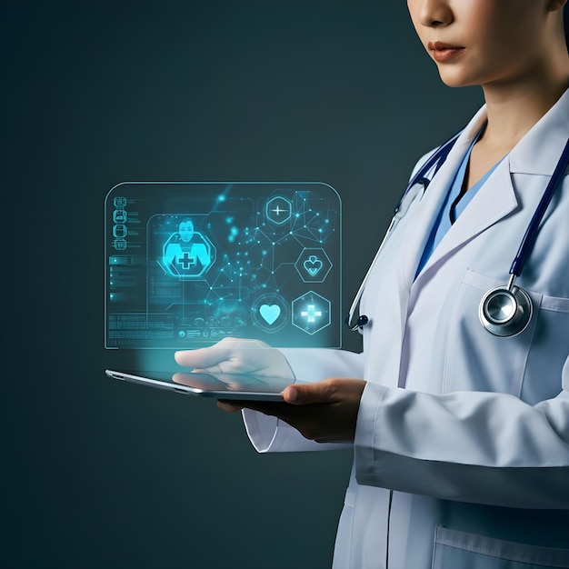 Photo a woman in a lab coat is holding a tablet with the words quot heart and heart on it quot