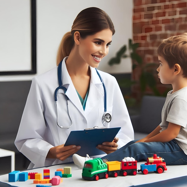 a woman in a lab coat is looking at a boy with a stethoscope