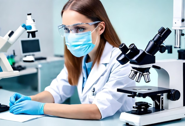 a woman in a lab coat is looking at a microscope