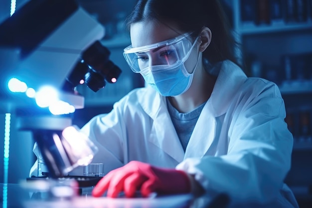 A woman in a lab coat is looking at a microscope.