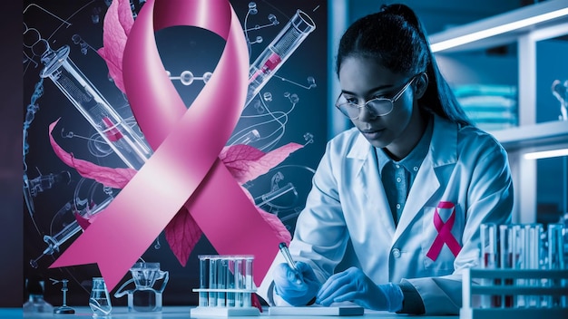 Photo a woman in a lab coat is looking at a pink ribbon with a pink ribbon around her neck