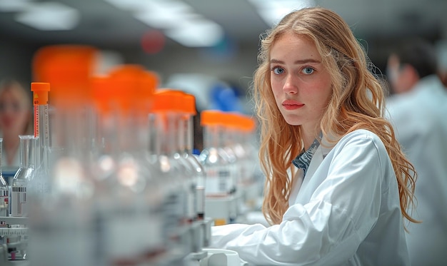 a woman in a lab coat is looking at a product