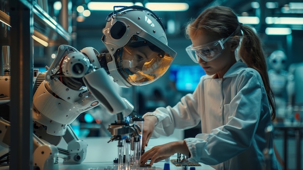 a woman in a lab coat is looking at a robot