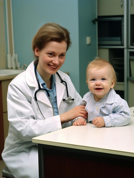 Photo a woman in a lab coat is smiling with a baby in front of her