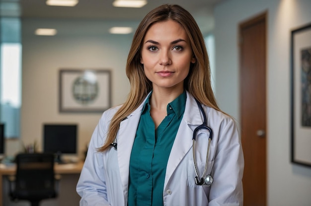 a woman in a lab coat is standing in front of a monitor