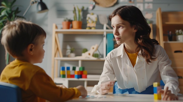 Photo a woman in a lab coat is talking to a boy