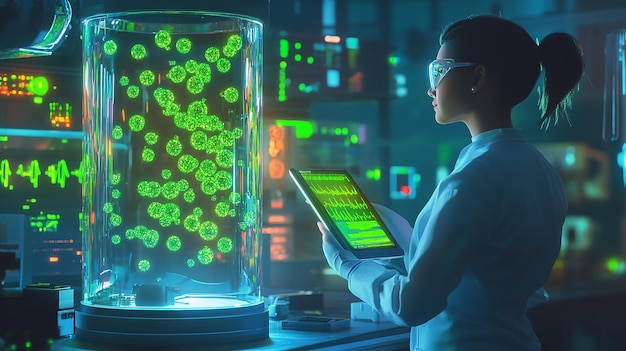 Photo a woman in a lab coat is using a tablet with green liquid