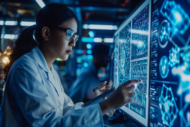 a woman in a lab coat is working on a computer screen with a blue background with a blue image of a