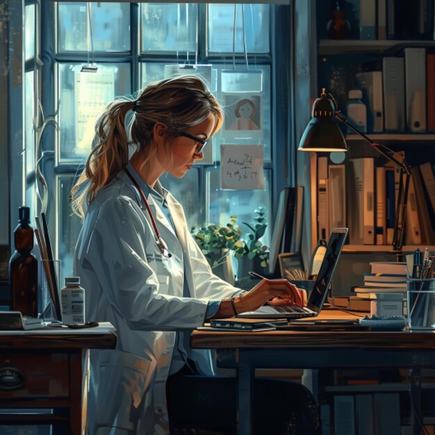 a woman in a lab coat is working on a laptop