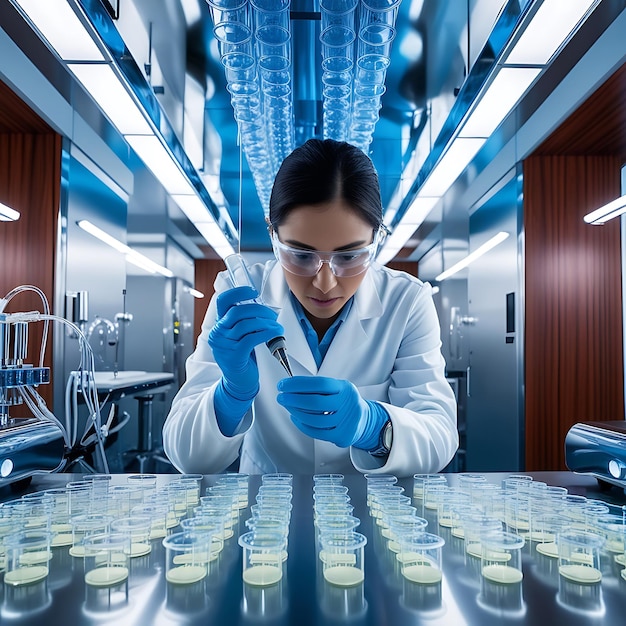 a woman in a lab coat is working with a test tube