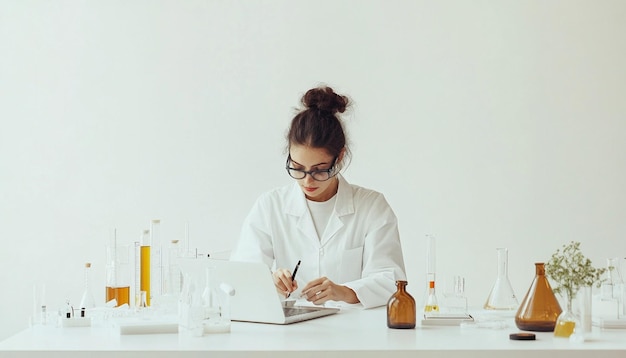 Photo a woman in a lab coat is writing in a notebook with a pen